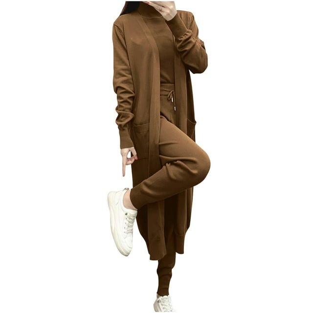 Timegard 3 Piece Knitted Outfits for Women Open Front Cardigans with Pockets Turtle Neck Sleeveless Sweater Drawstring Pants Sets