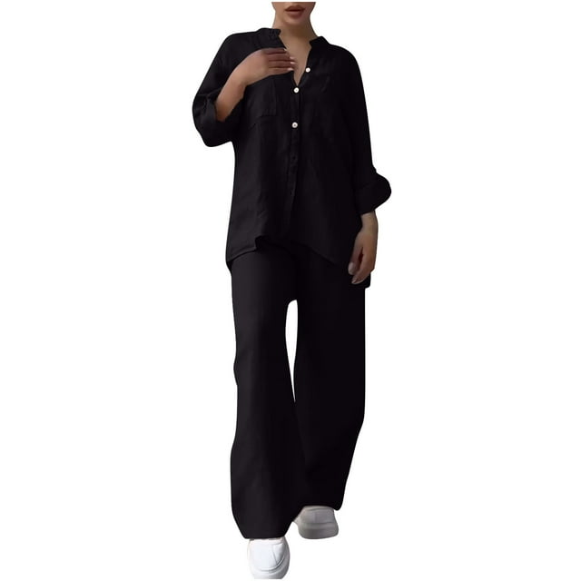 Timegard Ensemble 2 Pcs pour Femmes Grande Taille Chemises à Manches Longues Pantalons Droits Tenues Classiques d'Automne