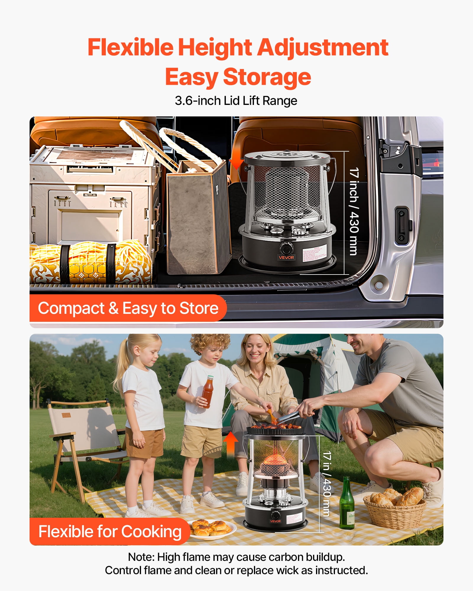 VEVOR 9000 BTU Portable Kerosene Heater & Stove, 2 in 1 Non-Electric Indoor Outdoor Heater with Adjustable Height & Flame & Easy Storage,for Camping, Hunting, Cooking, Home, Garage, Black