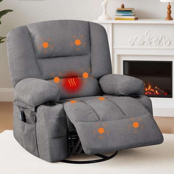 Towallmark Rocker Recliner Chair with Heat and Massage, Plush Chenile Reclining Chair with Storage Armrest & Cup Holder, Remote Control, for Bedroom Home Theater, Dark gray (chenille)