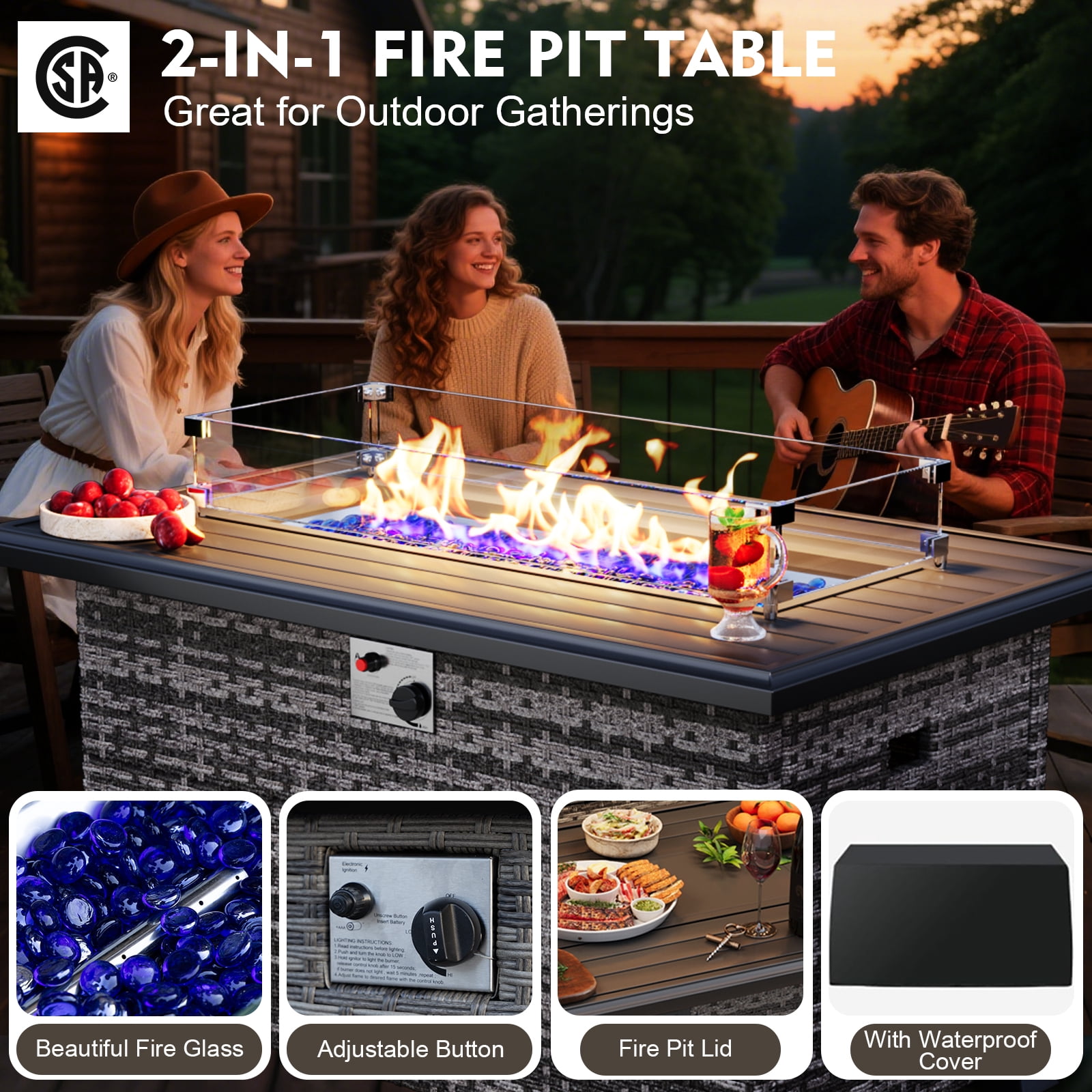 MEISSALIVVE 6 Pieces Patio Furniture Set with 43" Fire Pit Table, Wicker Patio Conversation Set with Swivel Rocking Chairs, Outdoor Patio Set for Lawn Backyard Porch (Grey)