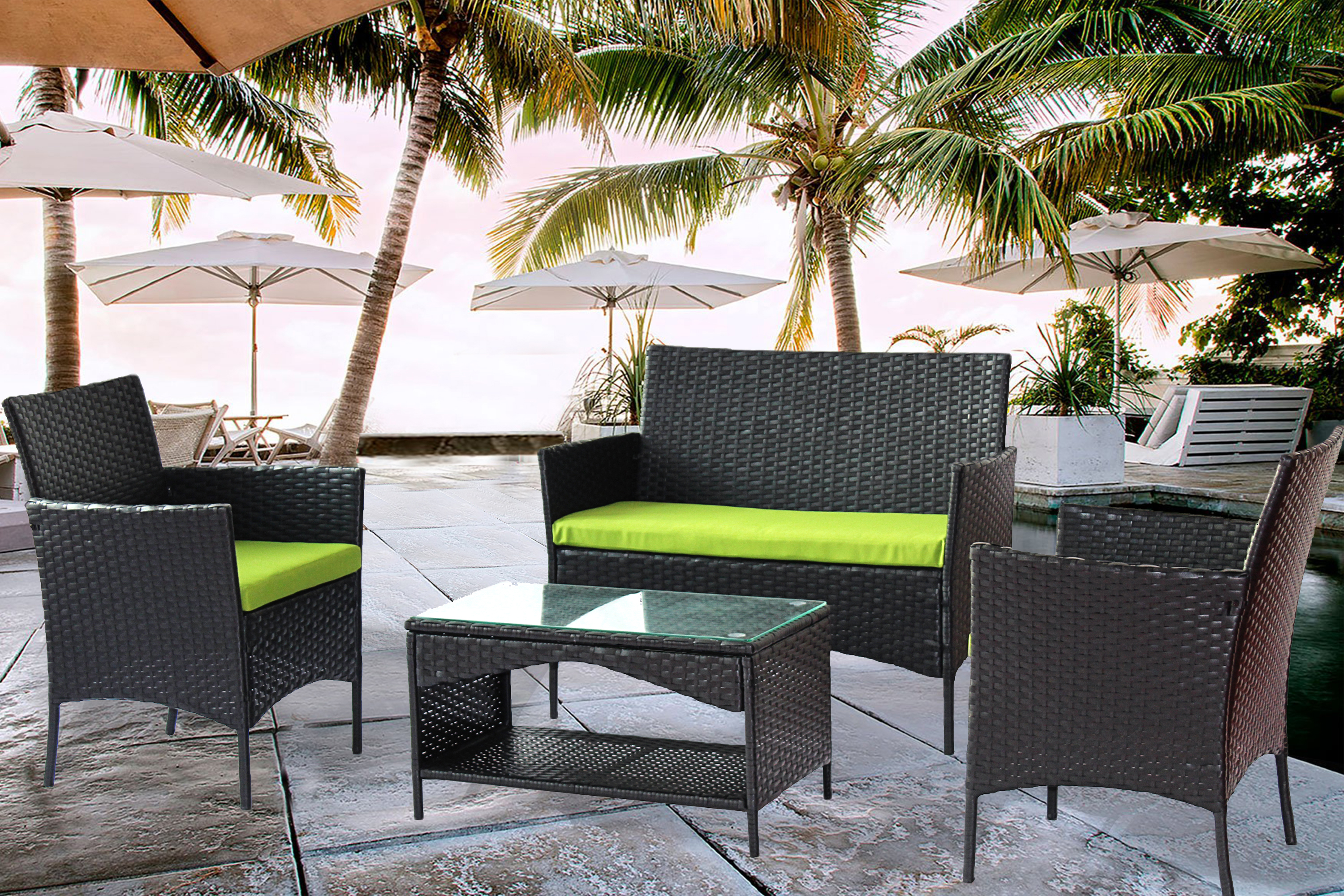 Outdoor Patio Set, iRerts Modern 4 Pieces Front Porch Furniture Sets, Rattan Wicker Patio Furniture Set with Green Cushion, Table, Patio Conversation Sets for Backyard Garden Poolside, Black, R2389 - image 1 of 8