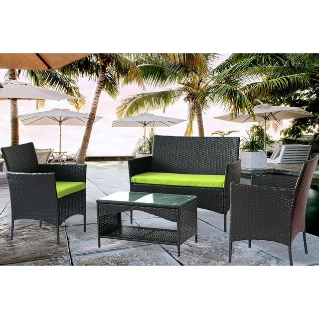 Outdoor Patio Set, iRerts Modern 4 Pieces Front Porch Furniture Sets, Rattan Wicker Patio Furniture Set with Green Cushion, Table, Patio Conversation Sets for Backyard Garden Poolside, Black, R2389