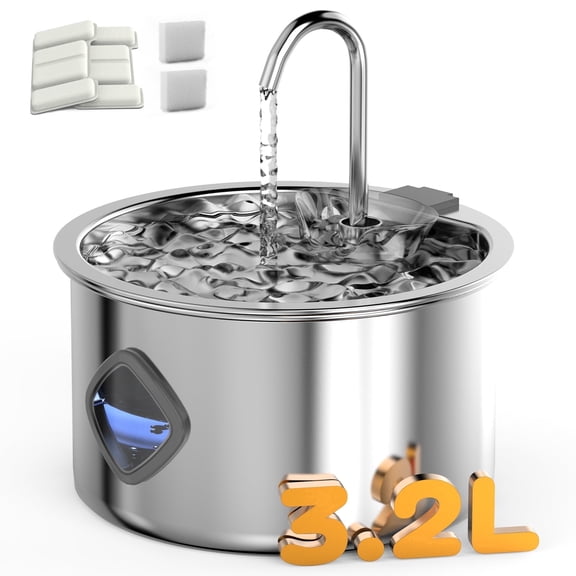 Stainless Steel Cat Water Fountain, 3.2L/108oz Dog Water Bowl Dispenser with Replacement Filters, Automatic Cat Fountains for Drinking for Pets and Small Animals