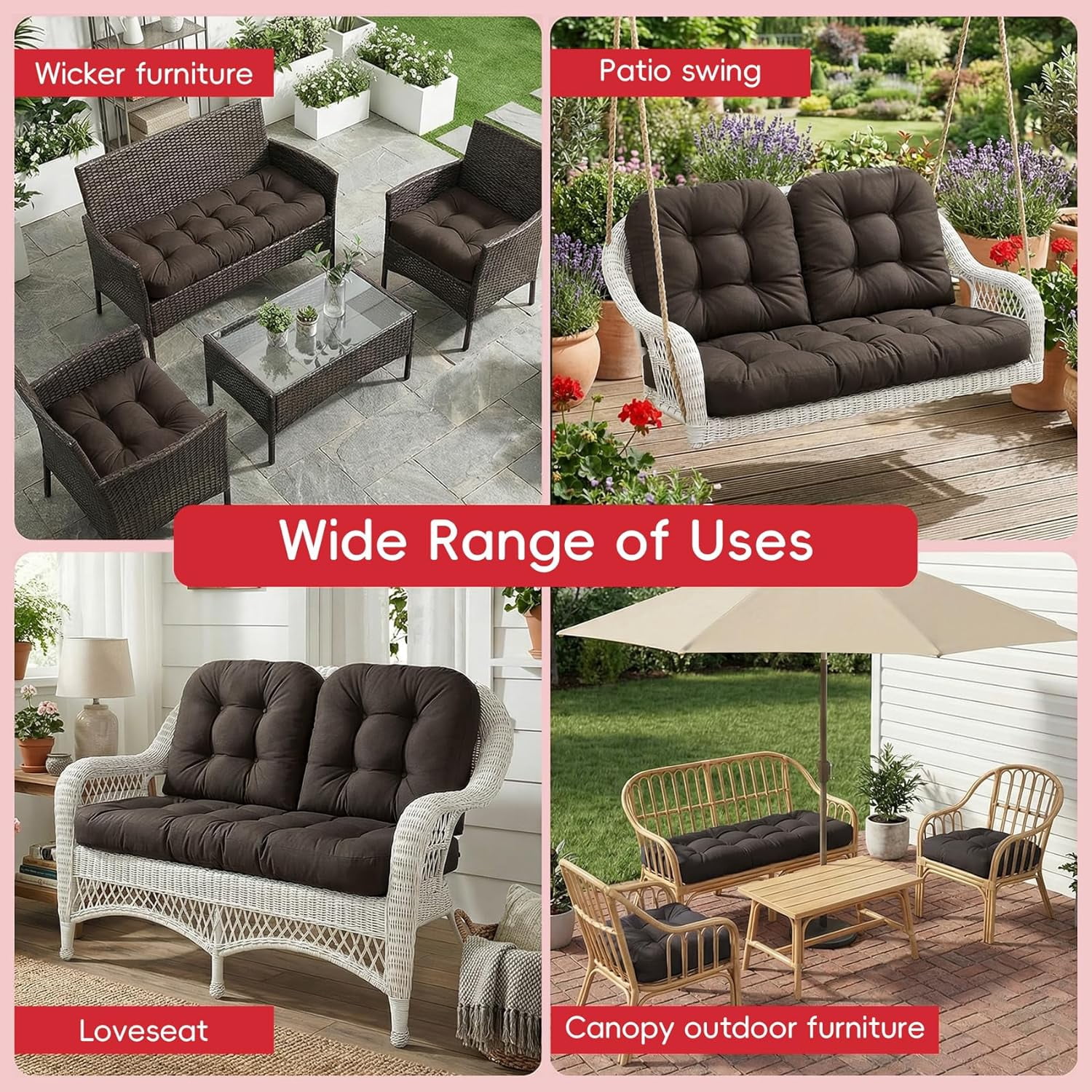 Wicker Furniture Cushions Set of 3, Waterproof Outdoor Loveseat Cushions for Patio Furniture, 4 Inch Thick Tufted Non-Slip Outdoor Cushions for Wicker Patio Furniture (Deep Coffee, 44" x 19")