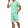 thumbnail image 2 of Mens 2 Piece Outfit Crew Neck Short Sleeve Ligjtweight Drawstring Shorts Summer Solid Color Set With Large Pockets Green L, 2 of 7