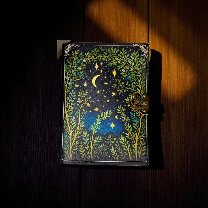 Moon Tree Leather Book of Shadows – Handmade 5x7 Inch Journal, 200 Handmade Deckle Pages, Wiccan Pagan Grimoire, Witchcraft Spellbook