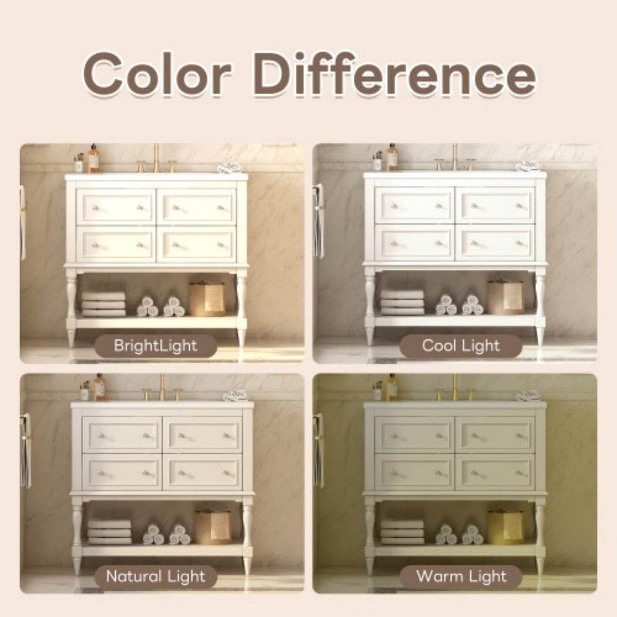 36" Bathroom Vanity with Sink, Freestanding Bathroom Vanity Cabinet with Undermount Ceramic Sink, Solid Wood Frame, 4 Drawers, Large Storage Shelf, Beige