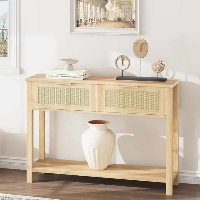 QinaQin Boho Rattan Console Table with 2 Drawers and 2 Tiers, Entryway Sofa Table with Storage