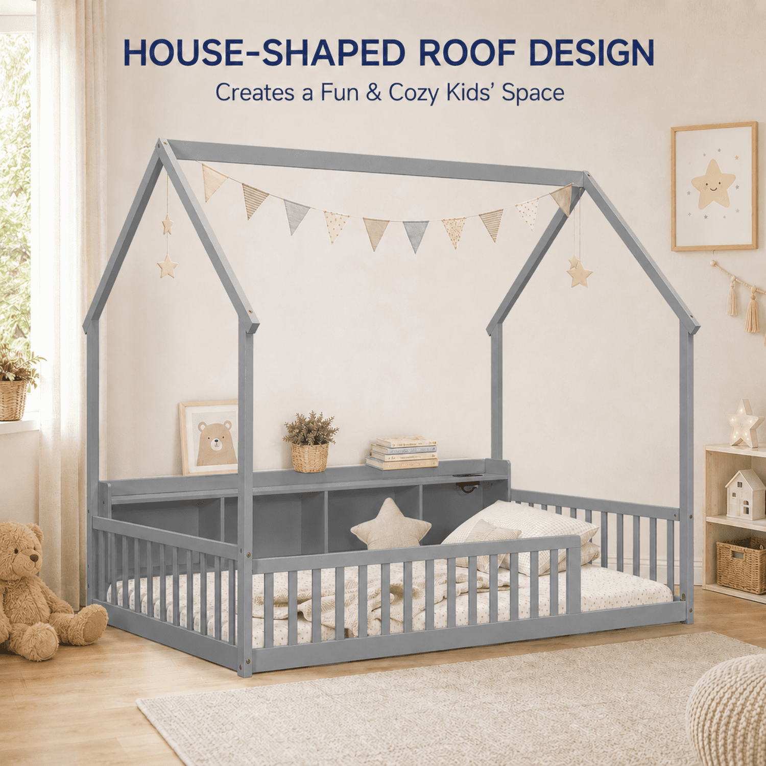 Miniyam Twin House Bed for Kids, Floor Bed with Storage, LED, Charging Station, Gray