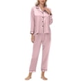 thumbnail image 4 of WTOBBY Women's Plus Size Ice Silk Satin Long Sleeve Long Pants Pajama Set, Soft Lightweight Loungewear for Home Relaxation and Sleep,Pink M, 4 of 6