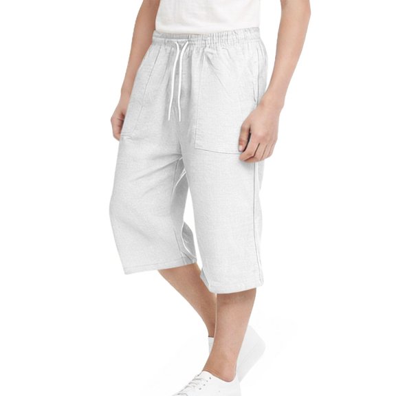 OYXSER Boys 3/4 Linen Capri Pants Drawstring Elastic Waist Summer Beach Shorts Pockets, White 14-15Y