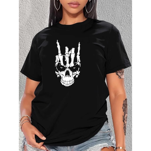 Camisetas divertidas para mujer, con estampado de animales, manga corta, cuello redondo, para verano, casual, holgadas, ligerasSkull Hand Print T-shirt, Short Sleeve Crew Neck Casual Top For Summer