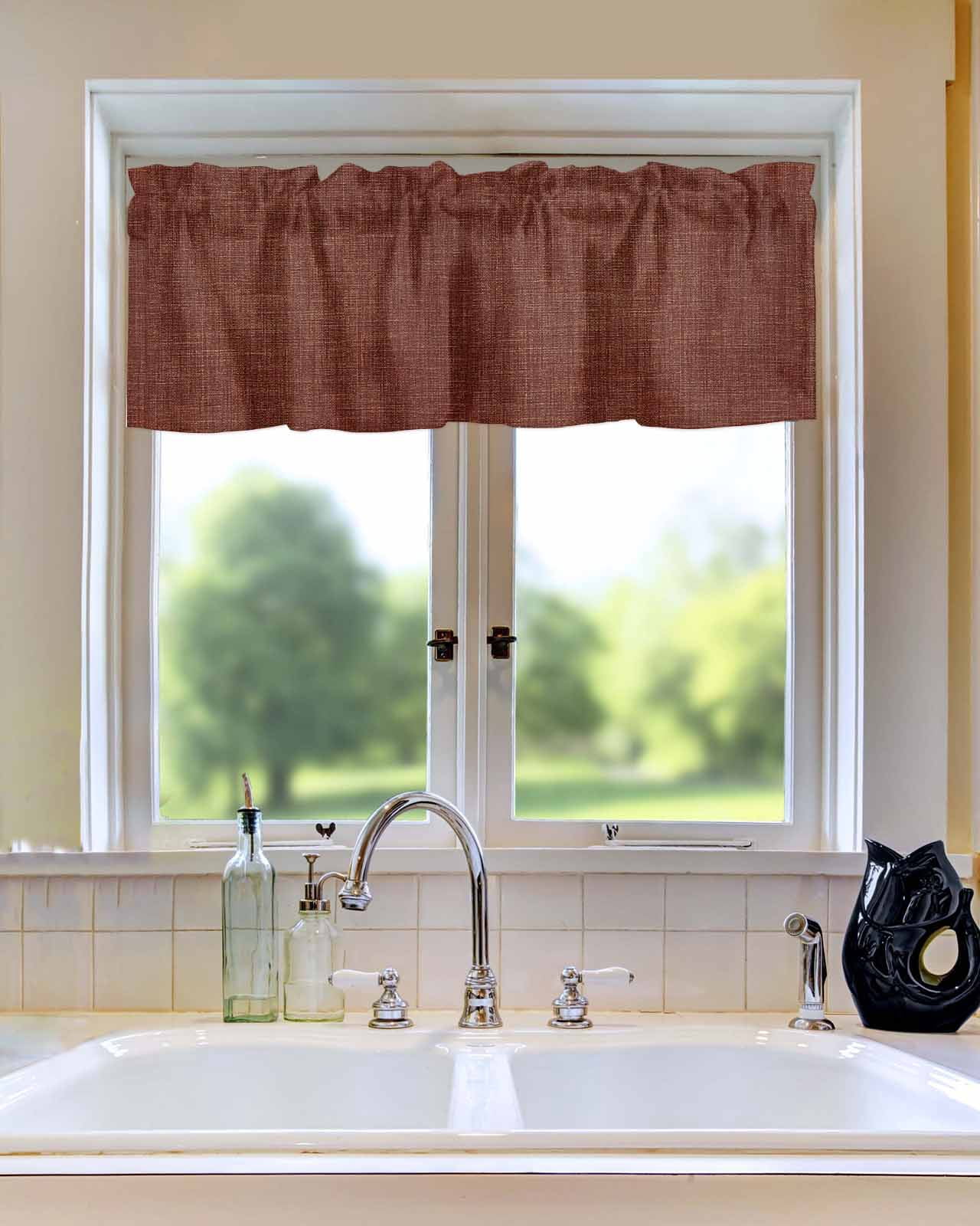 Kitchen Curtain Valances for Windows,Vintage Dark Brown Linen Rod Pocket Small Valance Farm Burlap Texture Short Window Treatment for Bedroom Bathroom Living Room,54"x18"