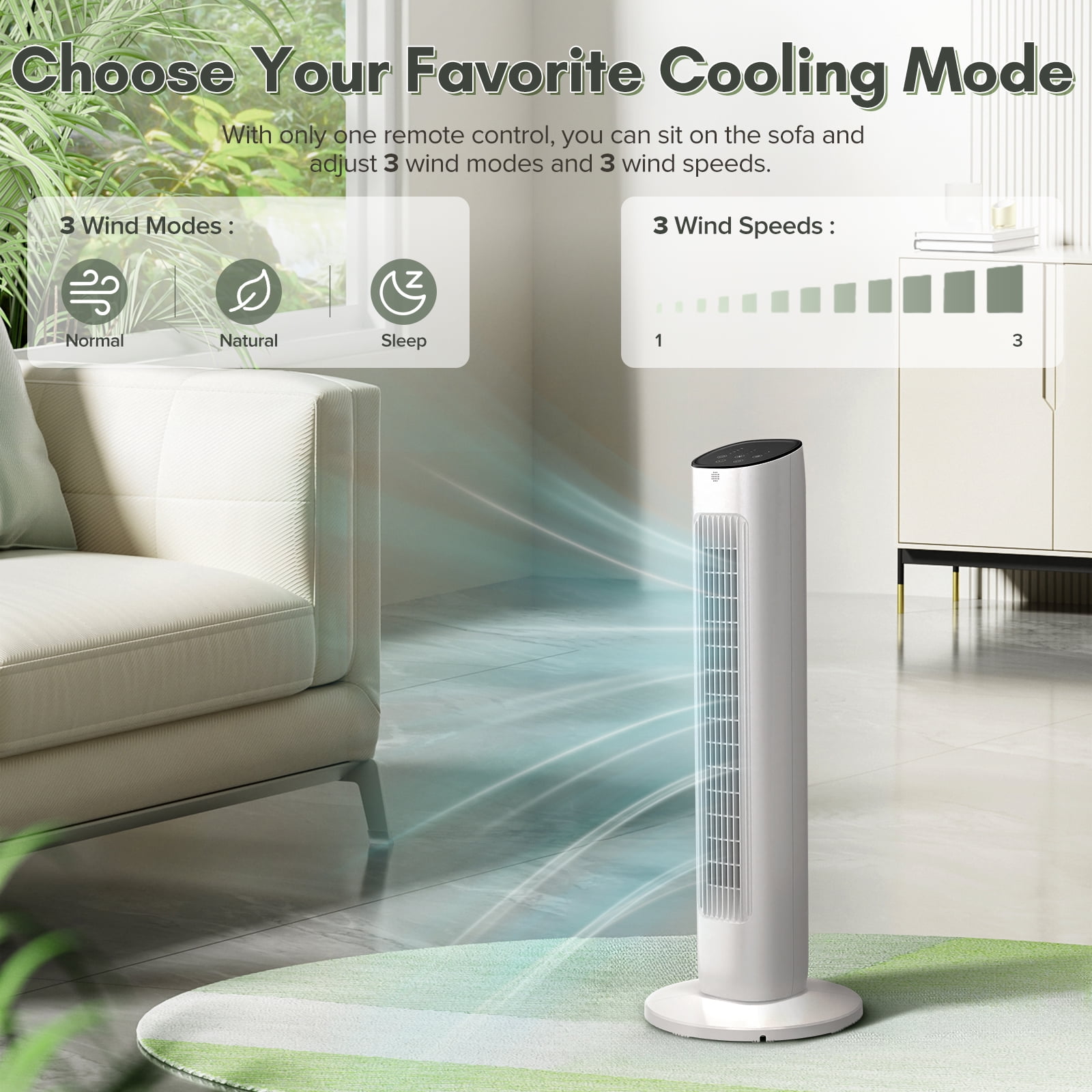 KISSAIR 35" Tower Fan Portable Floor Fans with Remote Control & 12H Timer 3 Speeds Wind 3 Modes , White