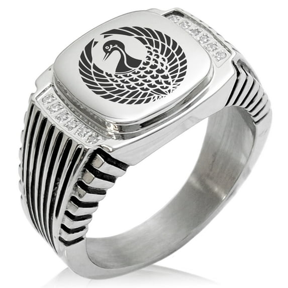 Stainless Steel Rokkaku Samurai Crest CZ Ribbed Needle Stripe Pattern Biker Style Polished Ring