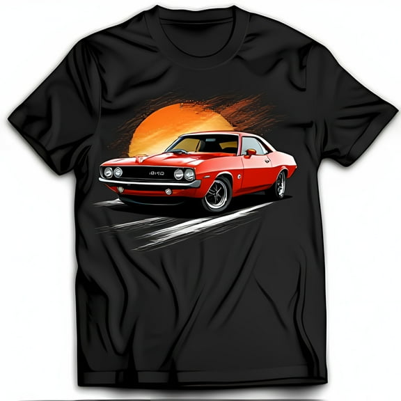 Vintage Red Muscle Car Graphic Black T-Shirt Relaxed Fit Sunset Design