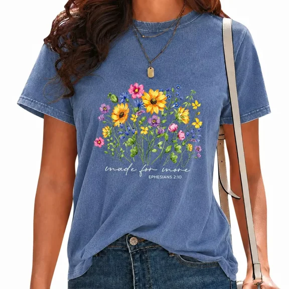 UNISHE Womens Made For More Christian Print T Shirts Wildflower Floral Graphic Tees Washed Vintage Casual Streetwear Tops Blue, M