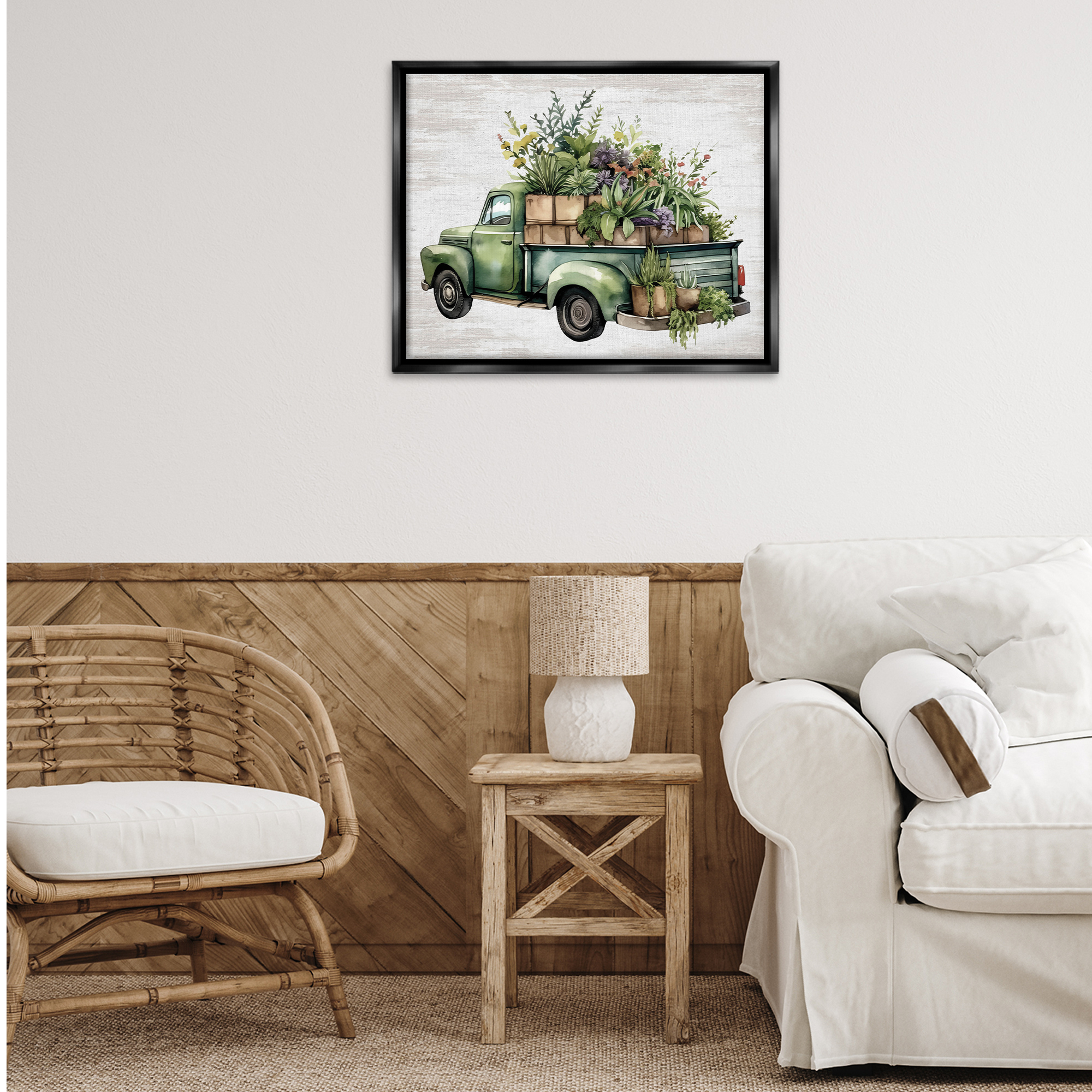 Stupell Industries Greenery Filled Truck Transportation Painting Black Floater Framed Canvas Art Print Wall Art, 31 x 25