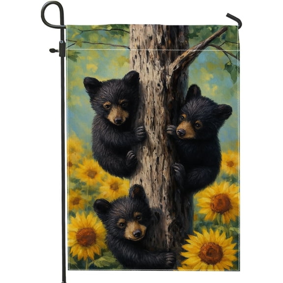 Summer Black Bear Garden Flag, Sunflower Outdoor Decor, Double Sided Burlap Yard Banner, Holiday Lawn Decoration, 12 x 18 Inch