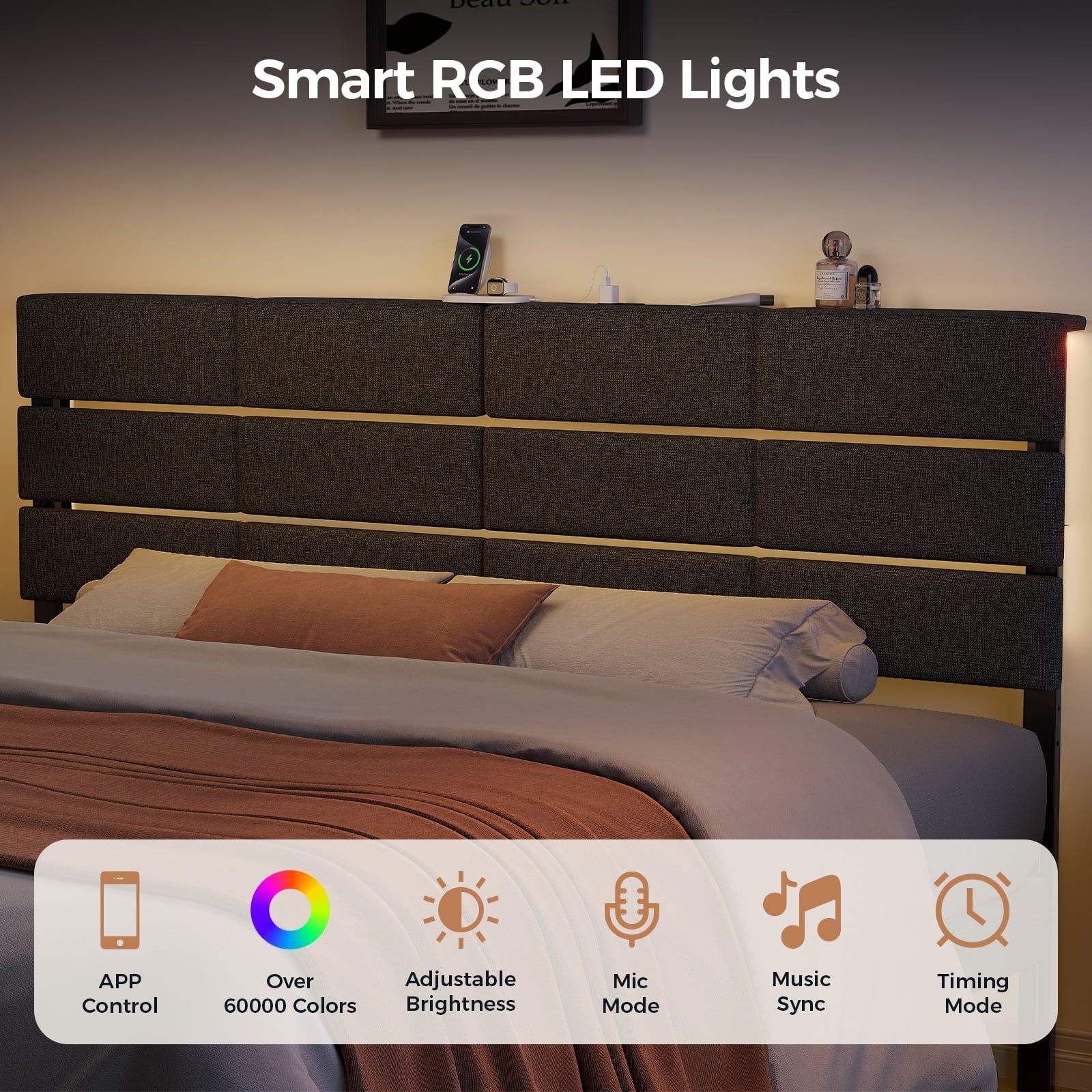 Adjustable Upholstered Headboard for King/California King, RGB LED, Charging Station, Dark Grey