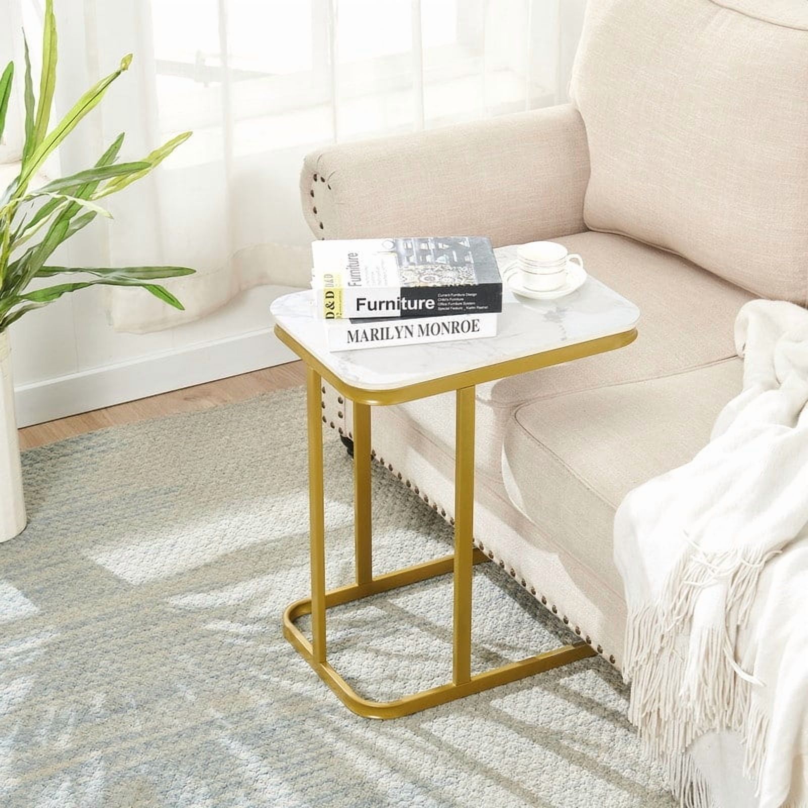 SD 23" H Rectangle  Marble Top  SideTable, Snack Table, Gold/White