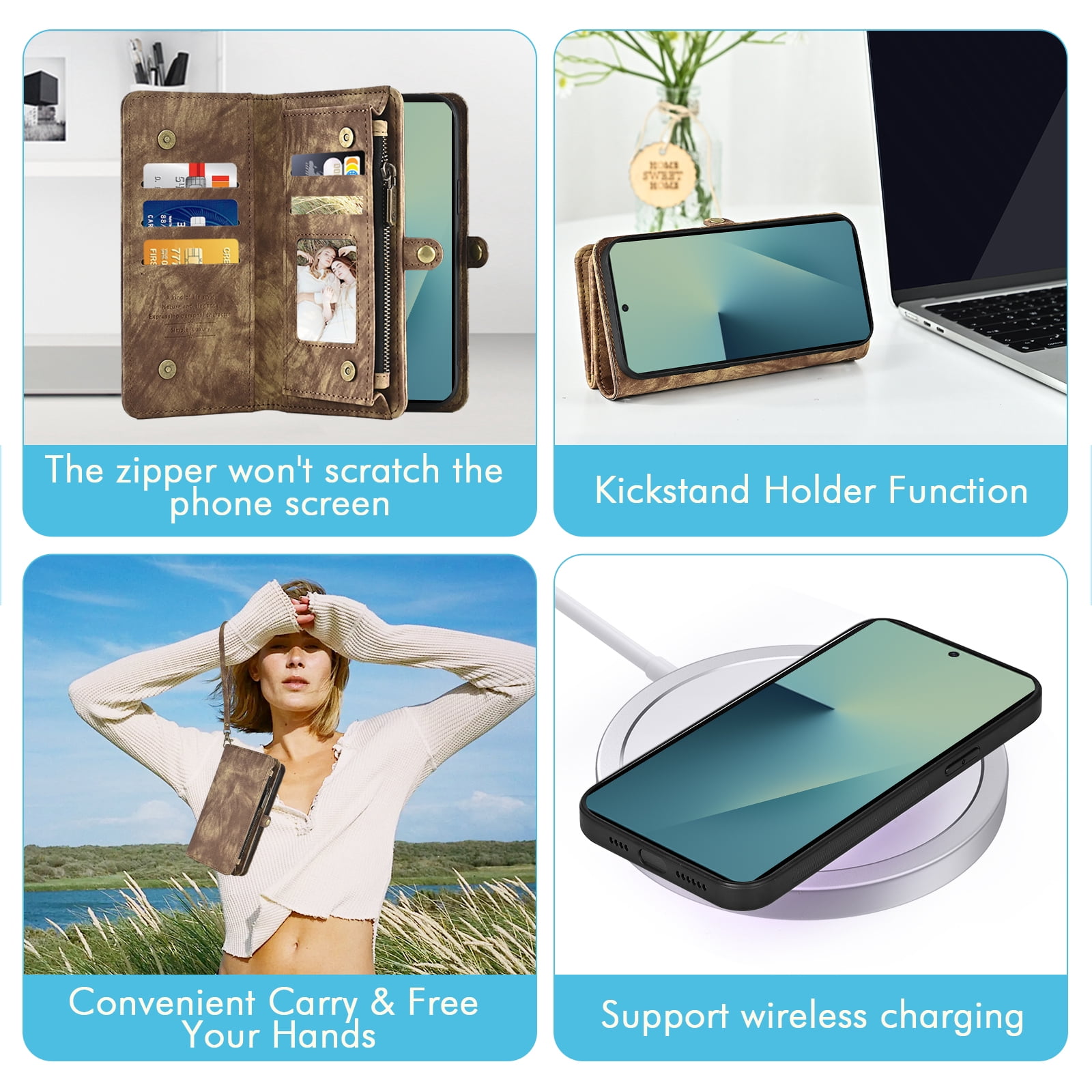 Asuwish Phone Case for Samsung Galaxy Z Fold 7 Zipper Wallet Detachable Cell Cover Crossbody Lanyard Strap Flip Card Holder ZFold Z7 G Fold7 7Z Women Girls Brown