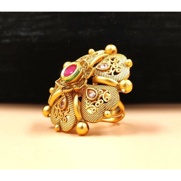 JYONA Women's Antique Gold-Plated Traditional Flower Statement Ring with Ruby and White CZ Accents, Adjustable