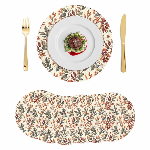 Fall Leaves Round 13 Inch Placemats Set of 6, Farmhouse Beige Botanical Branch HeatResistant Non Slip Place Mats for Dining Table, Wipeable Braided Kitchen Table Mats for Housewarming