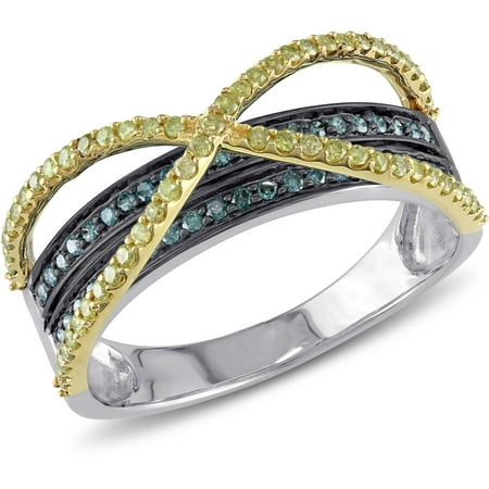 1/2 Carat T.W. Yellow and Blue Diamond 14kt Two-Tone Gold Multi-Row Criss Cross Ring