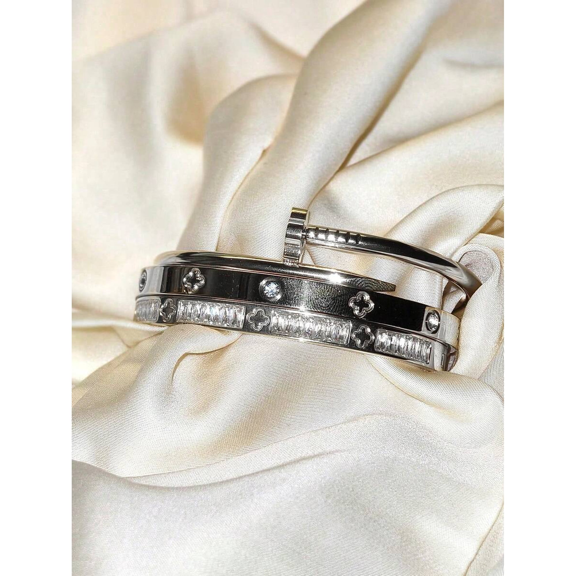 Silver-2 Stainless Steel Rhinestone Clover & Nailhead Bangle Bracelet Set