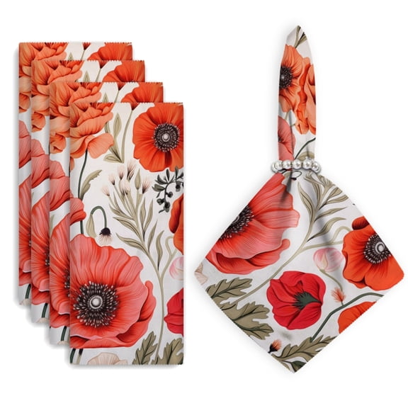 Bahomeck Cloth Napkins Set Of 4,18*18 Inch Washable Polyester Napkins Dining Table Napkins Weddings Party Dinner Parties(Red Poppies And Tulips Pattern On White Background)