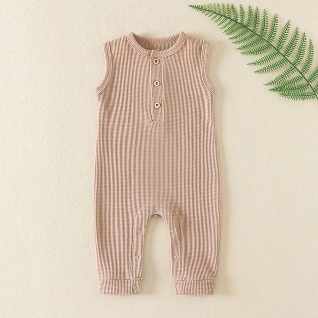 WERYOUNG Combinaison une-Pièce Filles Garçons Printemps Été Couleur Unie Tricotée à Boutons Col Rond Sans Manches Combinaisons Enfants Polyvalente de Plage, Kaki, 3-6 Mois