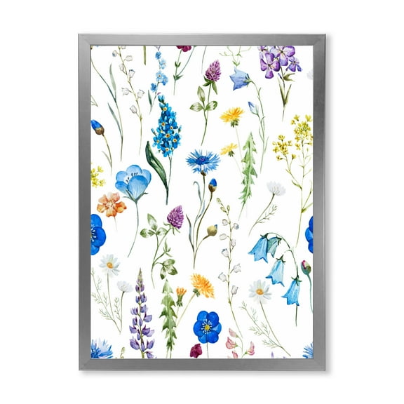 Designart 'Blue Wildflowers With Leaves I' Traditional Framed Art Print