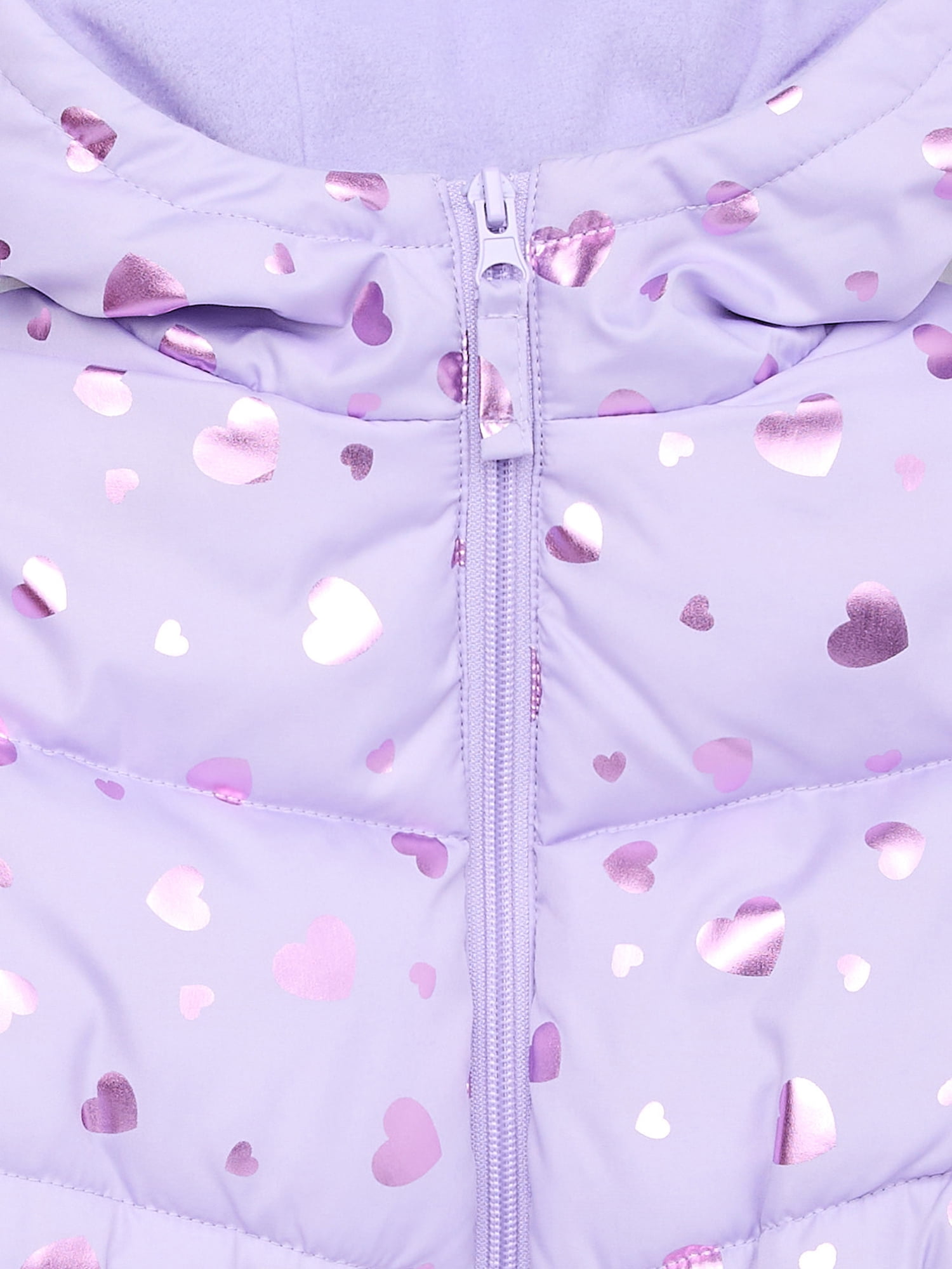 Pink Platinum Girls Heart Foil Printed Hooded Puffer Jacket with Fleece Lining, Sizes 4-16