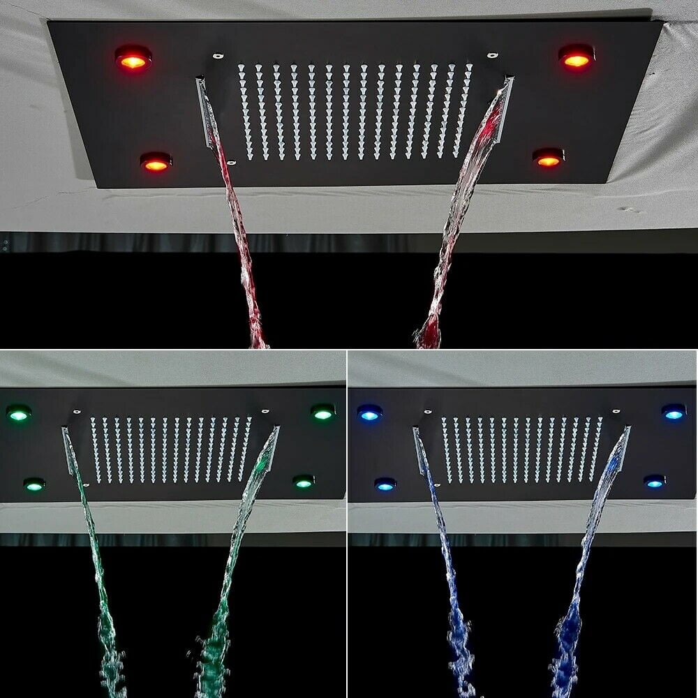 Luxury LED Rainfall Shower Head with Shower Bar High Pressure Top Ceiling Rain Matte Black