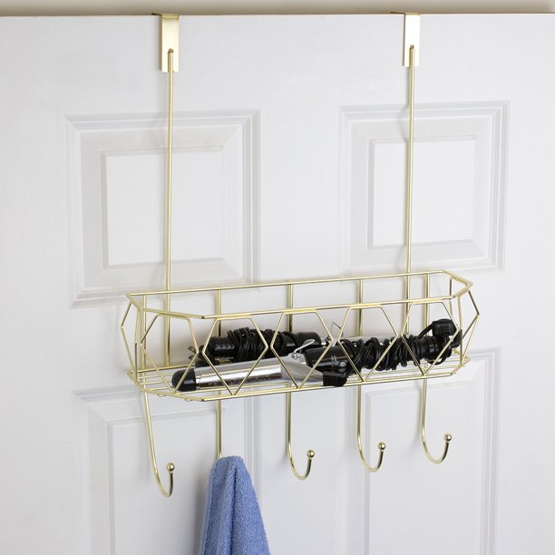 Prism 5 Hook over The Door Hanging Rack with Builtin Basket, Gold