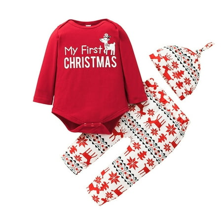 

EHTMSAK Newborn Infant Baby Toddler Girl Boy 3PCS Clothing Set Long Sleeve Outfits Bodysuit and Pants Set with Hat Red 0-2Y 90