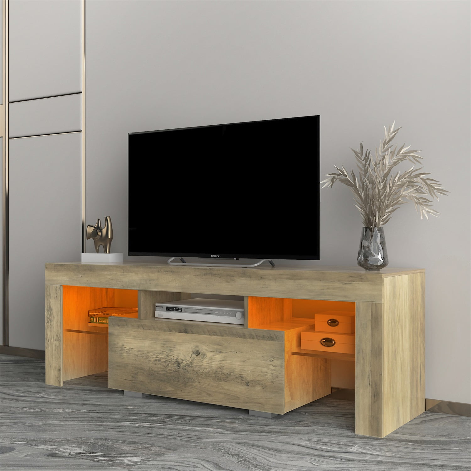 Kadyn TV Stand, Particle Board TV Cabinet Entertainment Center with LED RGB Lights and Storage, Grey Oak High Gloss TV Console Table for TVs up to 55"
