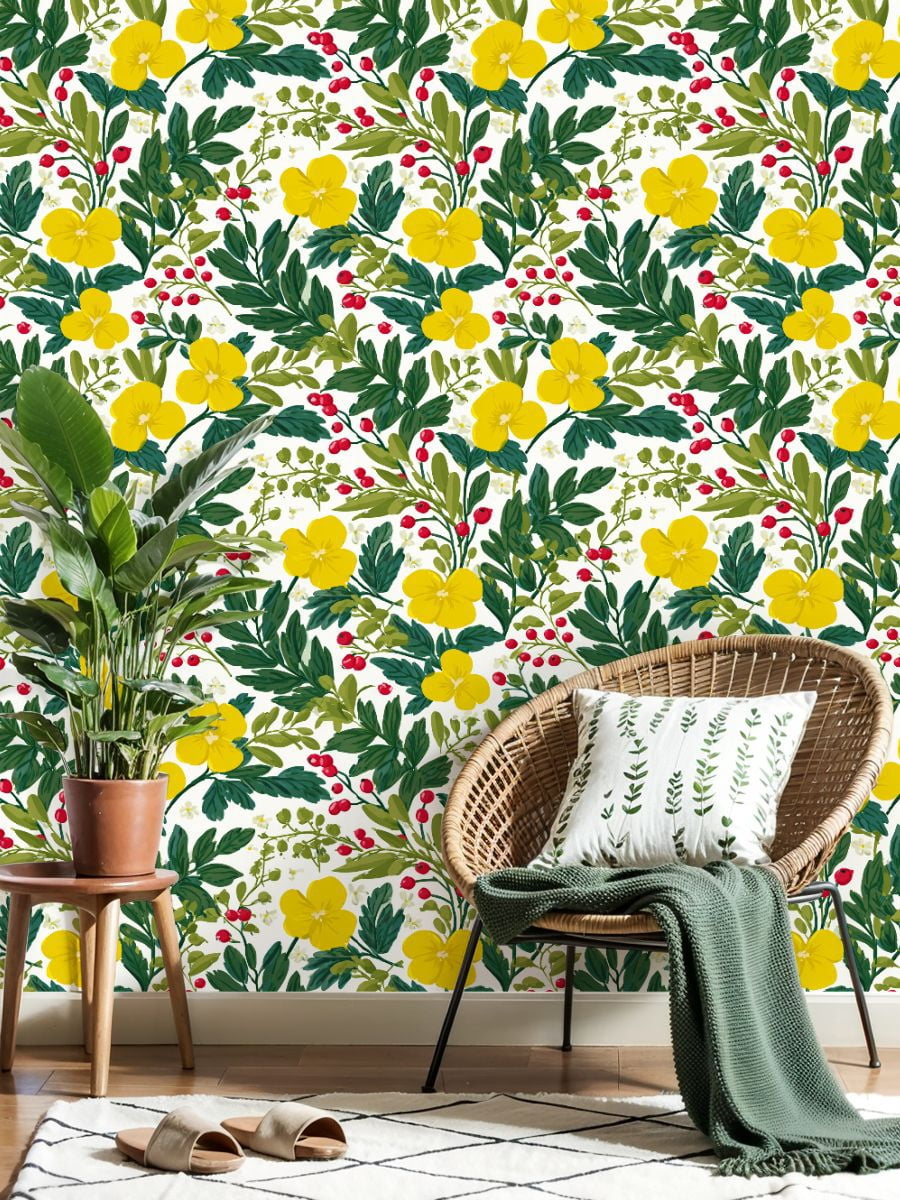 Peel and Stick Wallpaper Bright Yellow Floral Green Leaves Red Berries White Wall Mural 23.6in x 9.8ft Self Adhesive Removable Wall Paper Renter Friendly Wallpaper for Bedroom Nursery Living Room