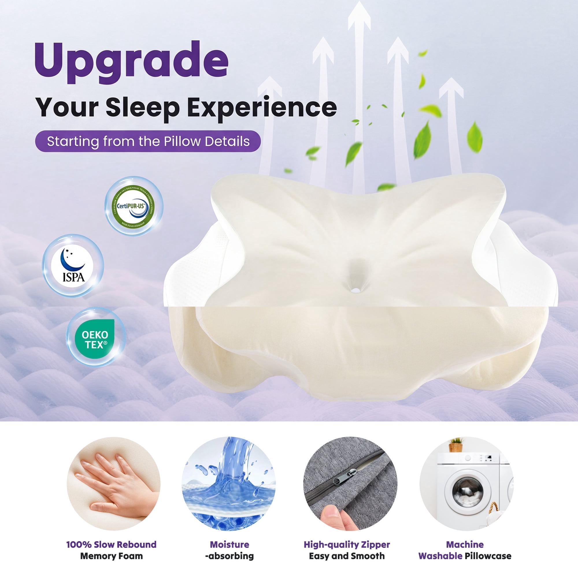 JIOABL Memory Foam Cervical Pillow, Ergonomic Contour Bed Pillow with 2 Heights, Breathable Washable Cover, Neck Support for Side/Back Sleepers, White