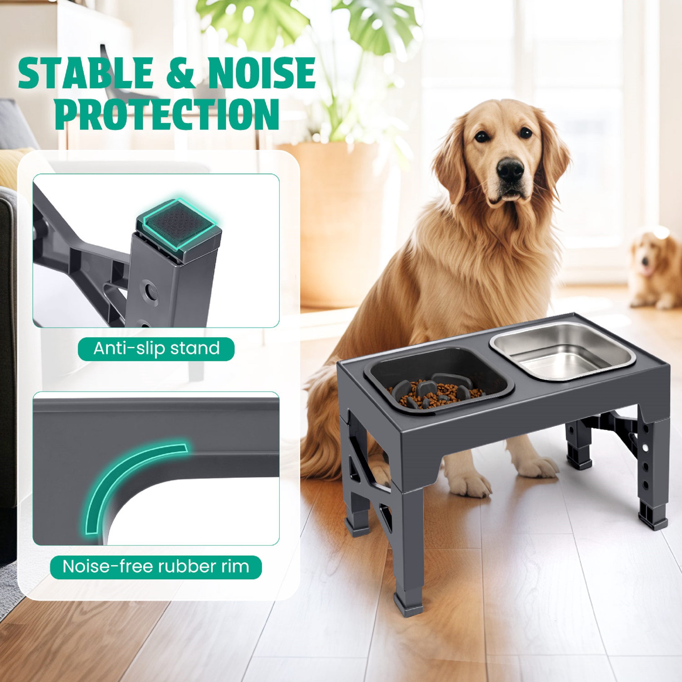 Elevated Dog Bowls with 2 Stainless Steel Dog Bowls, Raised Dog Bowl Adjusts to 5 Heights for Small Medium and Large Dogs,Gray