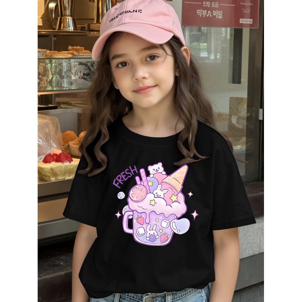Soft & Stylish Girls' Summer T-Shirt - Ice Cream Cup Print with "PREM" Design, 100% Cotton, Casual Loose Fit, Perfect for Youngsters, Shirts for Girls