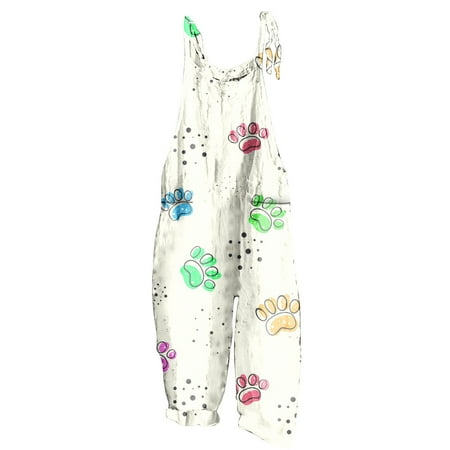 safuny Women s Jumpsuit Overalls Baggy Pocket Wide Leg Pants Romper Sleeveless Scoop Neck Casual Comfy Bandage Adjust Girls Relaxed Dog s Paw Cotton Trousers Trendy Teen Beige L