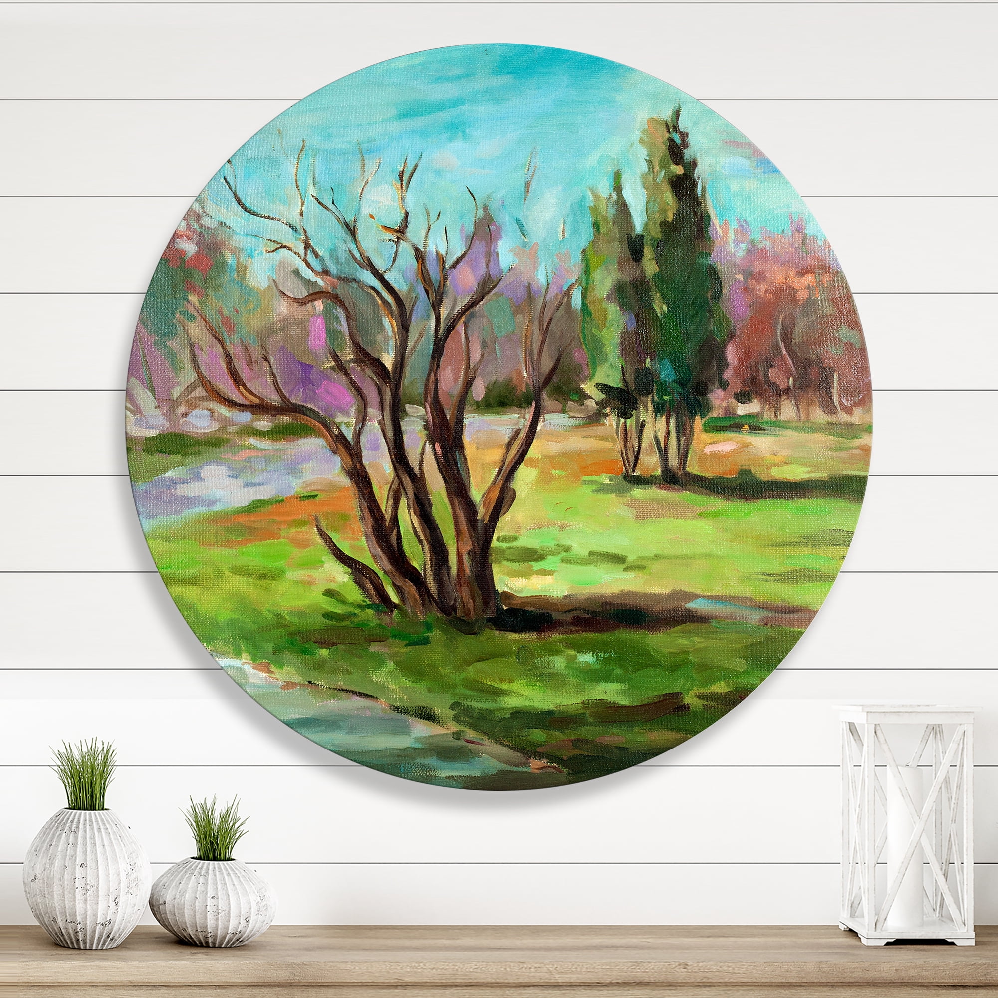 Designart 'Two Distant Trees In A Vibrant Green Landscape' Traditional Circle Metal Wall Art 11x11 - Disc of 11