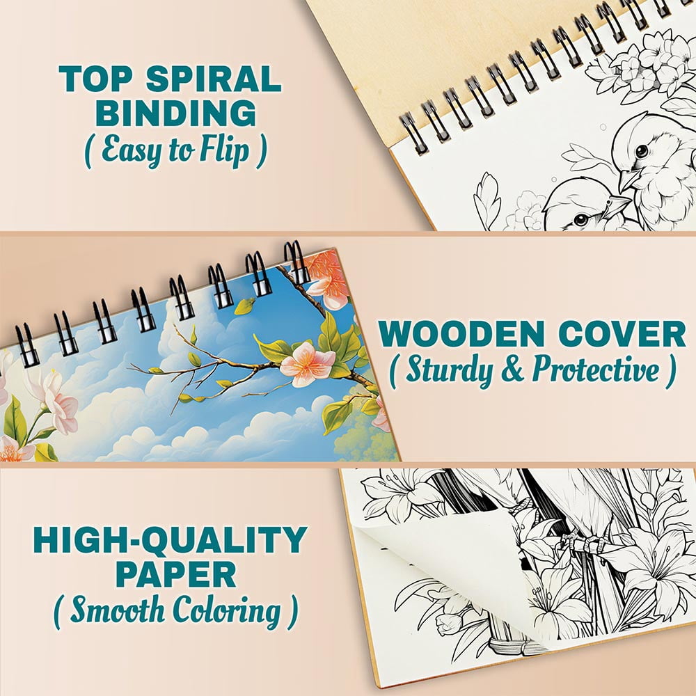 Netecom Birds Coloring Book Spiral Bound for Adults, A5 Wooden Cover, 30 Charming Birds Coloring Pages with Variety of Bird Species for Stress Relief and Relaxation