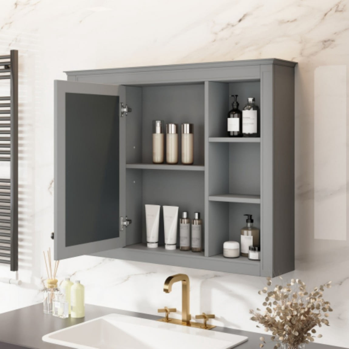 35"x 28" Wall Mounted Bathroom Medicine Cabinet with Mirror, Bathroom Storage Cabinet with 6 Open Shelves, Adjustable Shelves & Towel Bar, Grey