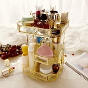 360 Rotating Makeup Organizer Spinning Cosmetic Makeup Swivel Antique Storage Box Mirror Glass Beauty Display, Gold Spin Large Capacity Vanity Organizer,Great for Countertop and Bathroom