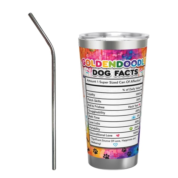 20oz Goldendoodle Dog Facts Insulated Tumbler with Handle and Straw Colorful Travel Cup Gift for Dog Lovers with Stainless Steel Straw
