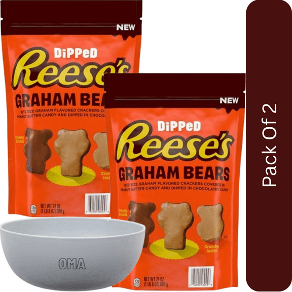 REESE’S Chocolate & Peanut Butter Candy Dipped Graham Bears, 24 oz-2pk, With Olive White Bowl By OMA